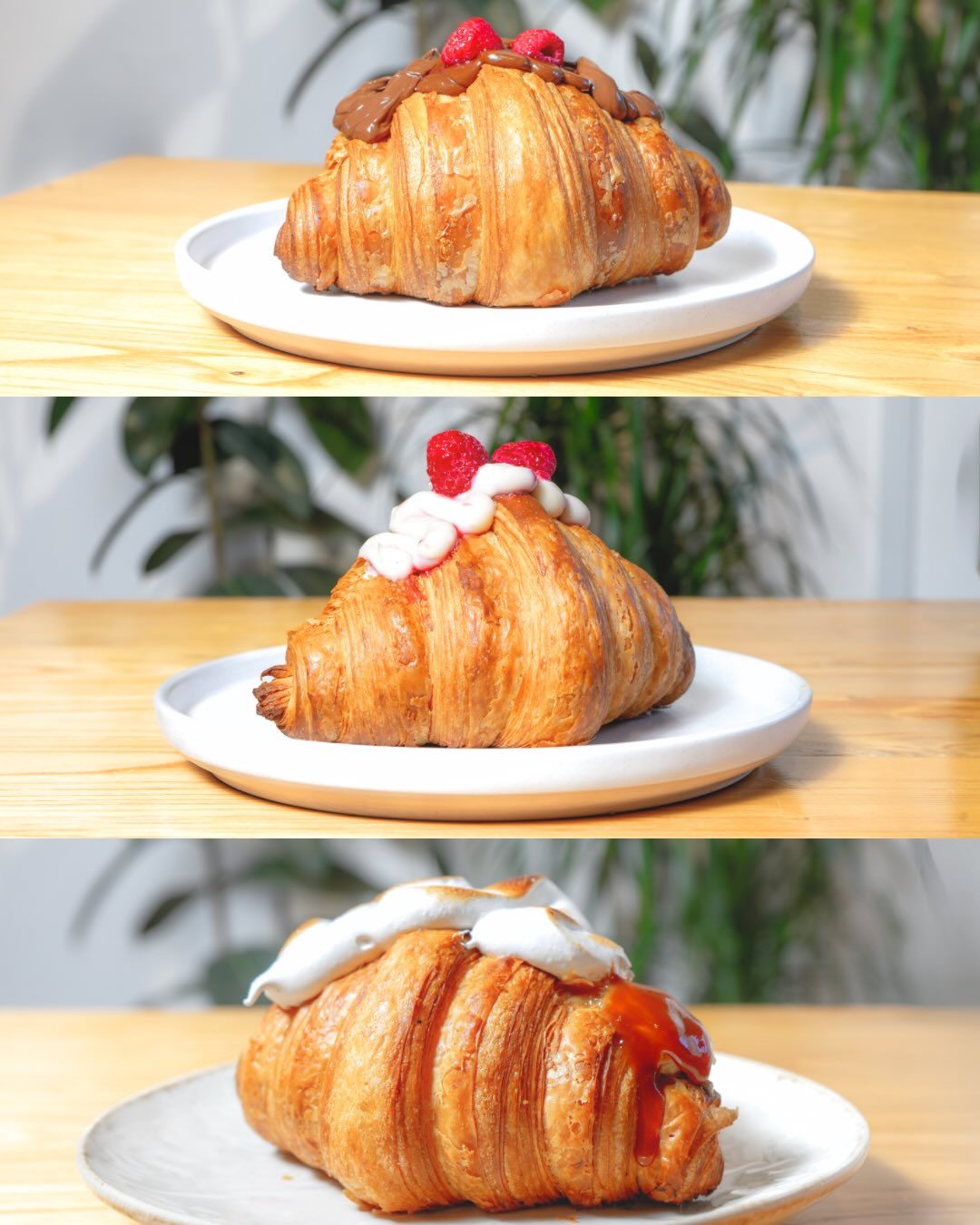 Tres croissants de Lucca: de nutella con frambuesa, con crema y frambuesa, y con merengue y manjar